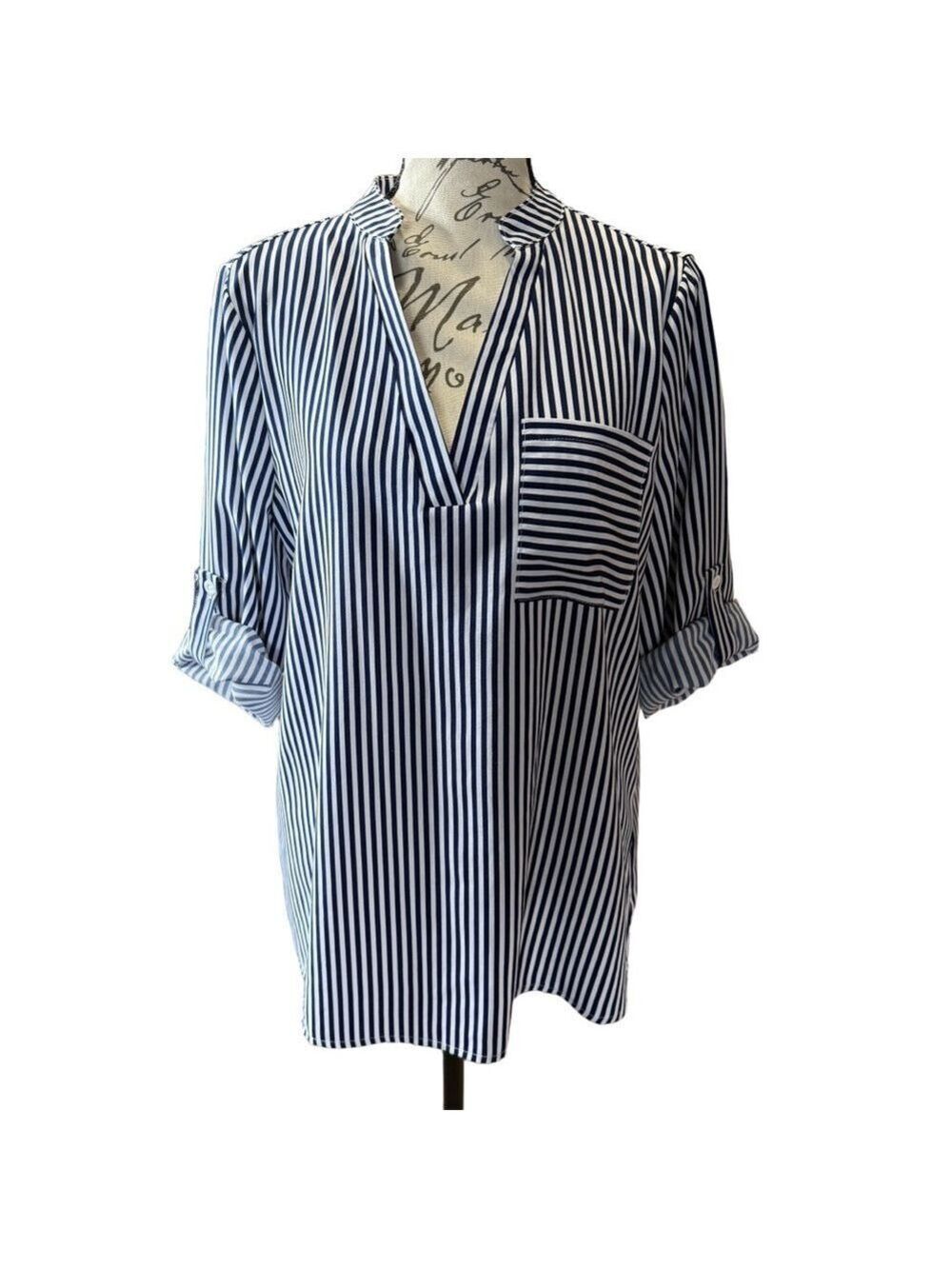 SHEIN👚 Striped Blouse Duo/Set — Navy🤍 & Rust🖤 — Size M Workwear Tops✨ - Picture 3 of 13